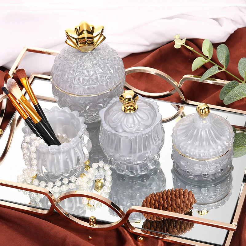 Gold plated Glass Storage Jar with Lid Candy Jar Embossed Three