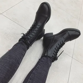 

genuine leather waterproof boots round toe high heels lace up winter women thick bottom lace up ankle boots