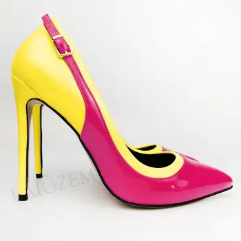 

LAIGZEM Handmade Women Heels Patchwork Pointed Toe Slip On High Heels Pumps Colorful Shoes Woman Zapatos Plus Size 34 43 44 47