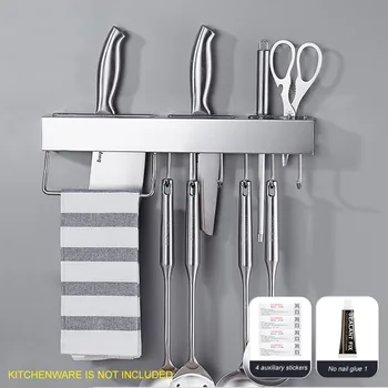

Kitchen Utensil Holder Stainless Steel With Hooks Cutlery Rack Modern No Drilling Storage Durable Pot Pan Wall Mounted Organizer