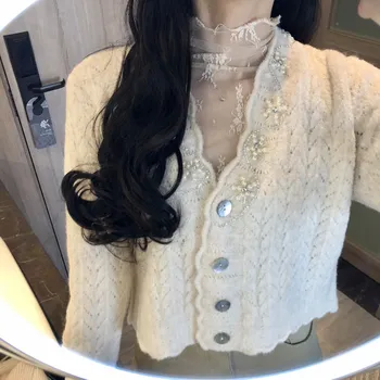 

Women Casual Sweater 2020 Korean Style Vintage V-neck Embroidery Knit Temperament Long-sleeved Sweaters Thick Tops 2020 5A041