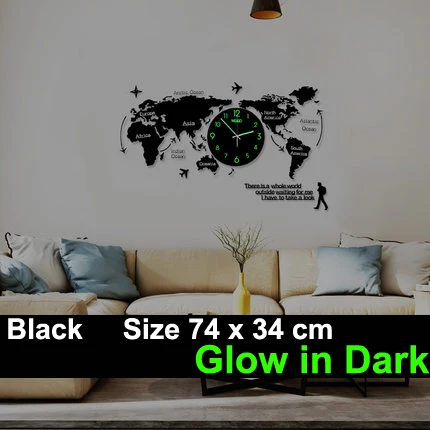 74x43cm with Light Большие настенные часы с картой мира, современный дизайн, акриловые 3D украшения, подвесные часы со светящимися настенными часами, домашний декор, 120x55 см - Цвет: 74x43cm with Light