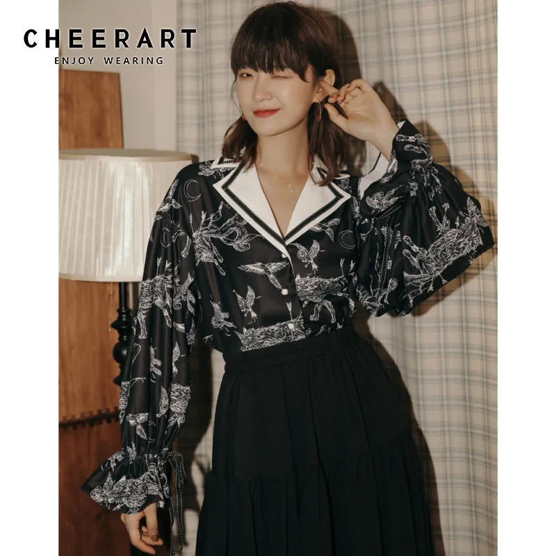 Женская винтажная блузка с длинным рукавом CHEERART, дизайнерская рубашка с отложным воротником с животным принтом и Расклешенным рукавом, топ для девушек 2020|Блузки и рубашки| | АлиЭкспресс