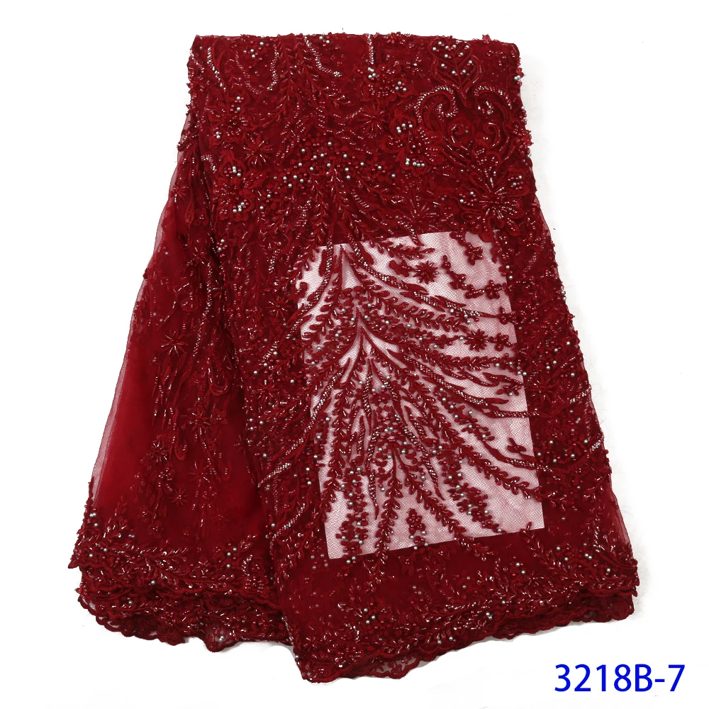 

African Nigerian Lace Fabric 2019 High Quality Embroidered Tulle Lace Fabric With Beads Stones Guipure Lace Trim Dress QF3218B-7