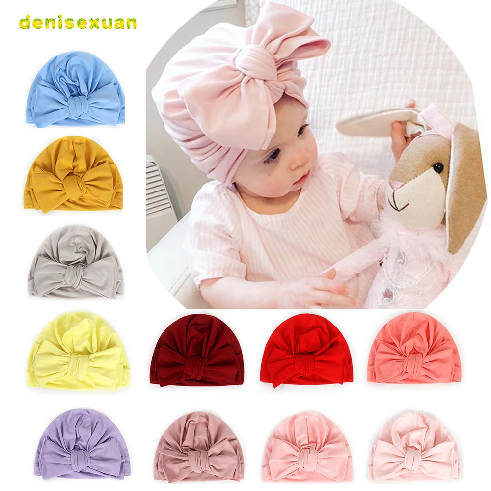 2021 Baby Girls Spring Summer Pullover Caps Bow Tie Hat Children Soft Turban Headwear Photo Props Hair Accessories Gifts | Аксессуары
