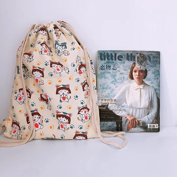 

LISM Chi-bi Maruko Fashion Canvas Backpacks Cartoon Drawstring Backpack Casual String Bags shopping Knapsack Unisex