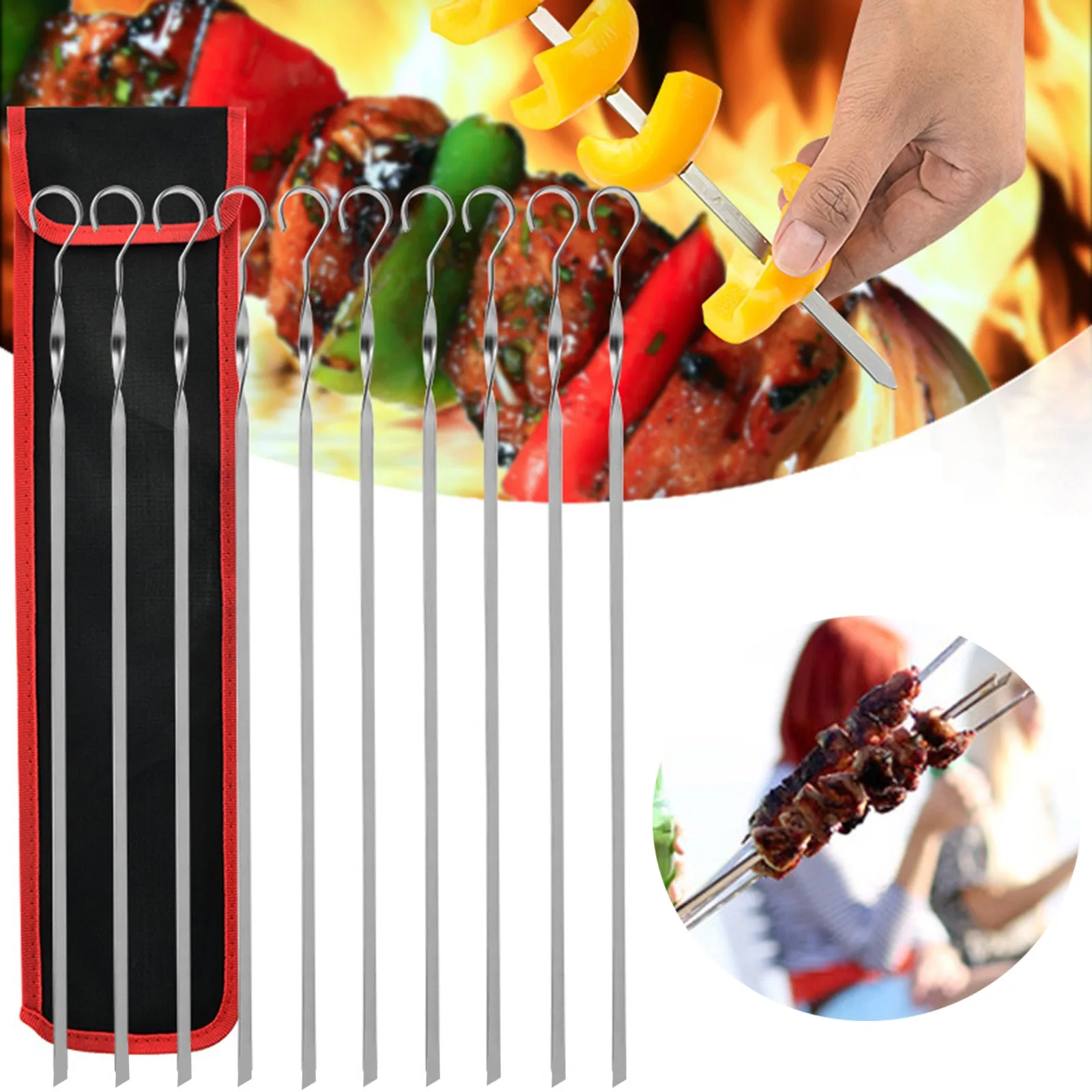 10PCS Stainless Steel Kabob Skewers Flat Metal Bbq Barbecue Needle Skewer Wide Reusable Picks For Meat Shrimp Chicken | Дом и сад