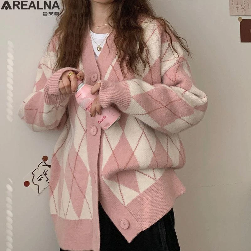 ladies cardigans Cardigan Women Knitted Sweater korean style Loose Single Breasted V-neck pink black Knitwear Winter sweaters pull oversize femme pink sweater