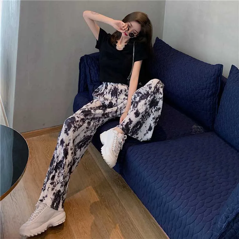 One-Piece Trousers For Female 2020 Summer New Fashion High Waist Tie Dye Wide-Leg Pants Vintage Korean Women Casual Loose Pants