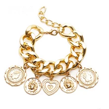 Панк Золотой Цвет Сердце монеты талисманы браслеты для женщин Мода Большая цепь личности рельеф портрет браслеты Хип-хоп человек