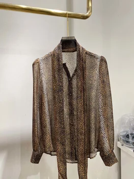 

2020 New Ladies Fashion Long Sleeve Bow Tie Leopard Silk Shirt 0514