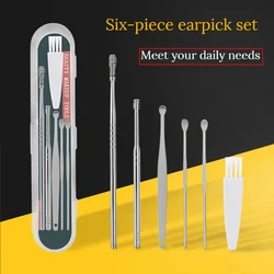 360°rotating Carbon Steel Ear Pick 6-piece Set, Portable Boxed Ear Pick Set, Household Adult Spiral Spring Ear Pick Reusable