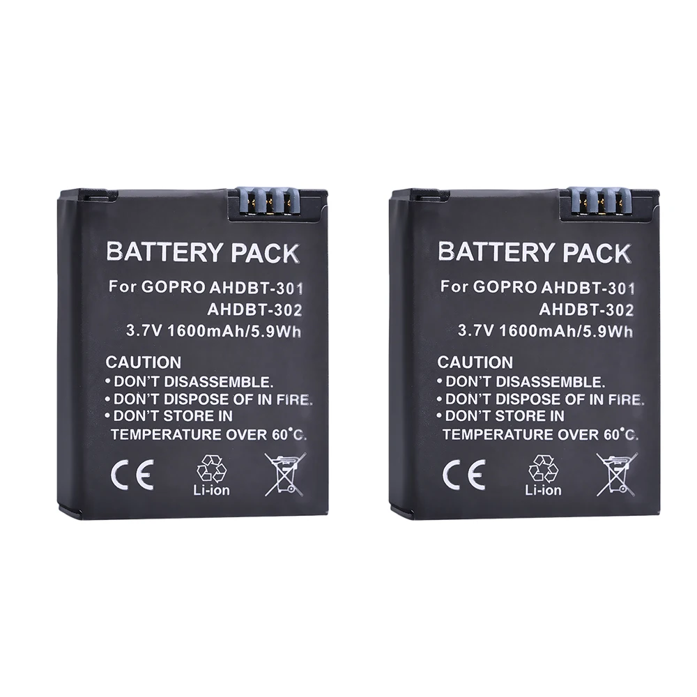 

2Pcs 1600mAh AHDBT-301 AHDBT-302 GoPro Hero 3 Battery for GoPro Hero3 Hero 3 Hero 3+ Black White Silver Edition HD Camera