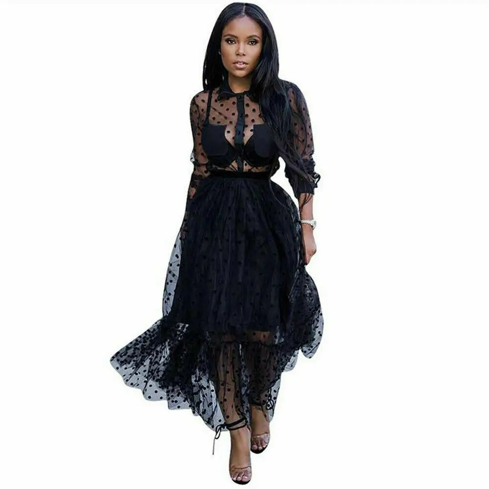 

Autumn Women's Mesh Sheer Shirt Maxi Long Dress See through Polka Dot Long Sleeve Vintage Dresses Evening Party Peter Pan collar