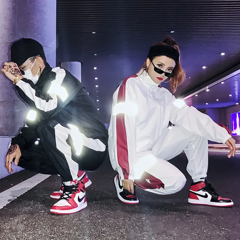 

K1888 Set Reflective Jacket Pants INS Super Fire Couples Costume Business Attire Hip Hop Loose-Fit Hong Kong Style Unisex Fashio