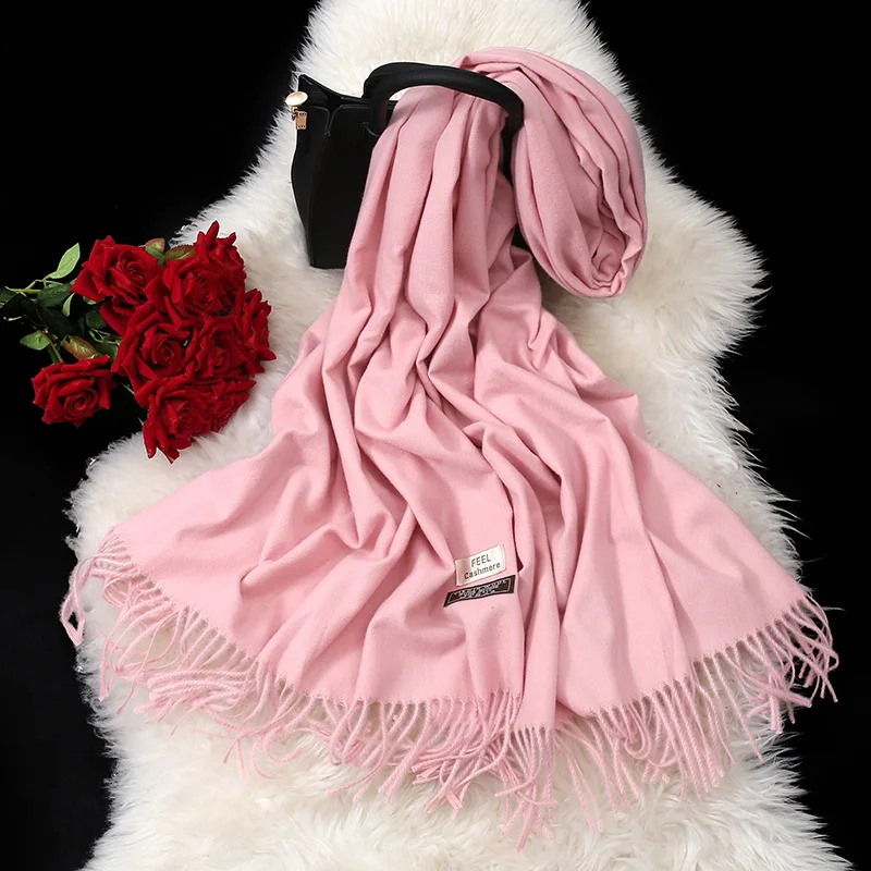Женские однотонные кашемировые шарфы с кисточкой длинный шарф женский платок echarpe hiver femme - Цвет: Розовый