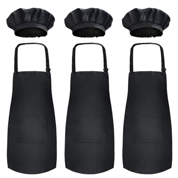 

Children's Apron with Chef's Hat Set (3 Sets) Children's Bib with Pocket Cooking, Baking, Painting, Training Suit Children's Siz