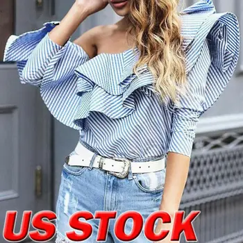 

Fashion Women Ladies Striped Party Holiday Ruffle Frill Casual Off One Shoulder Slash Neck Long Sleeve Tops T-Shirt Shirt