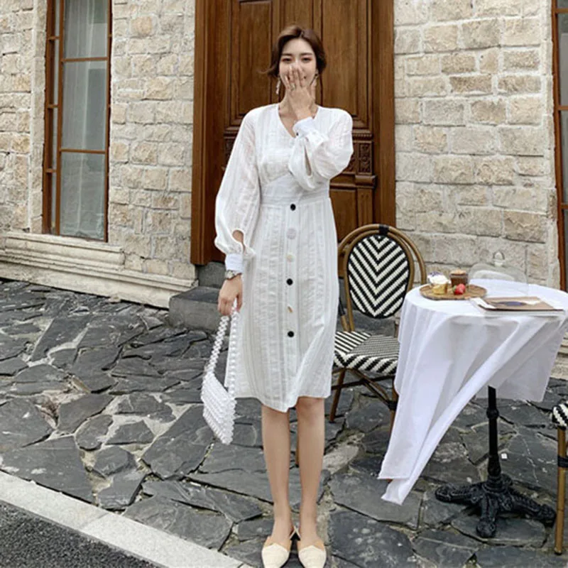

SuperAen New 2019 Autumn Fashion Women Dress Cotton V-neck Long Sleeve Ladies Dress Korean Style Casual Women Clothing