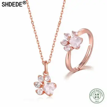 

SHDEDE 925 pure silver natural color jewelry rose gold heart-shaped lotus stone cat claw necklace ring set jewelry