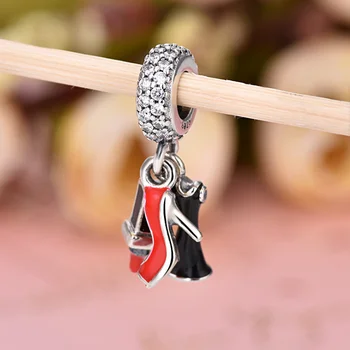 

Authentic 925 Sterling Silver Lipstick Evening Dress High Heel Enamel Dangle Charm Pendant Bead Fit Pandora Bracelet DIY Jewelry