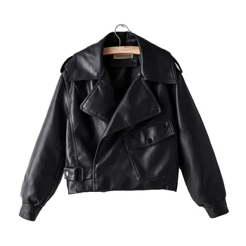 

New Autumn Women Faux Leather Jacket Pu Motorcycle Biker Red Coat Turndown Collar Loose Streetwear Black Punk Outerwear