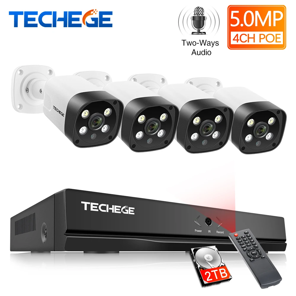 Techege 4CH 5MP Security Camera System Human Detection Two ways Audio POE IP Camera Outdoor Waterpr