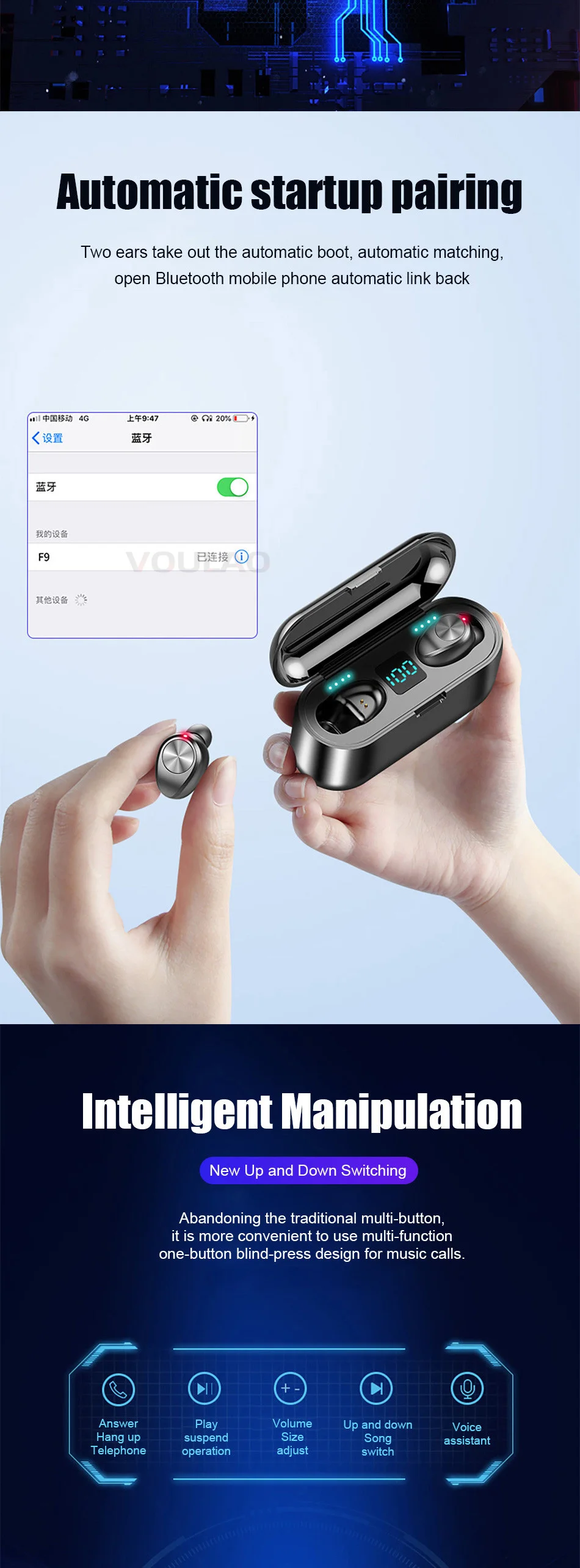 F9 TWS Bluetooth наушники 5,0 Bluetooth гарнитура с микрофоном громкой связи Наушники Беспроводные наушники-вкладыши с 2000 мАч зарядная коробка