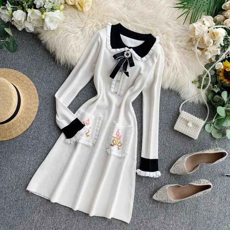 Модное дизайнерское подиумное трикотажное платье с цветочной вышивкой, осенне-зимнее женское милое платье с длинным рукавом и бантом