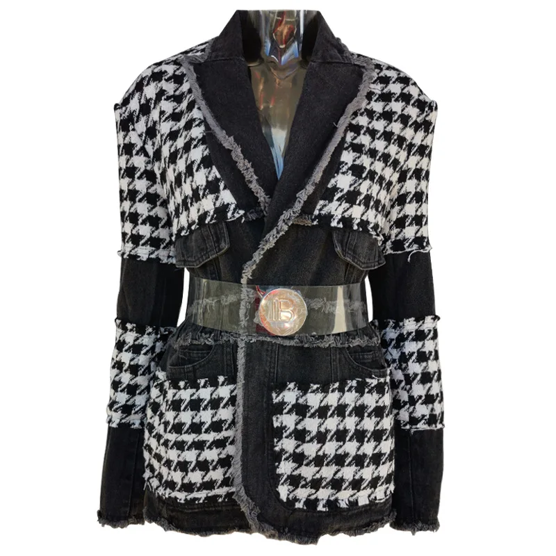 Greatest  Vintage Houndstooth Winter Coat Slim Waist Casual Wool Jacket 2019 New Turn Down Collar Runway Desi