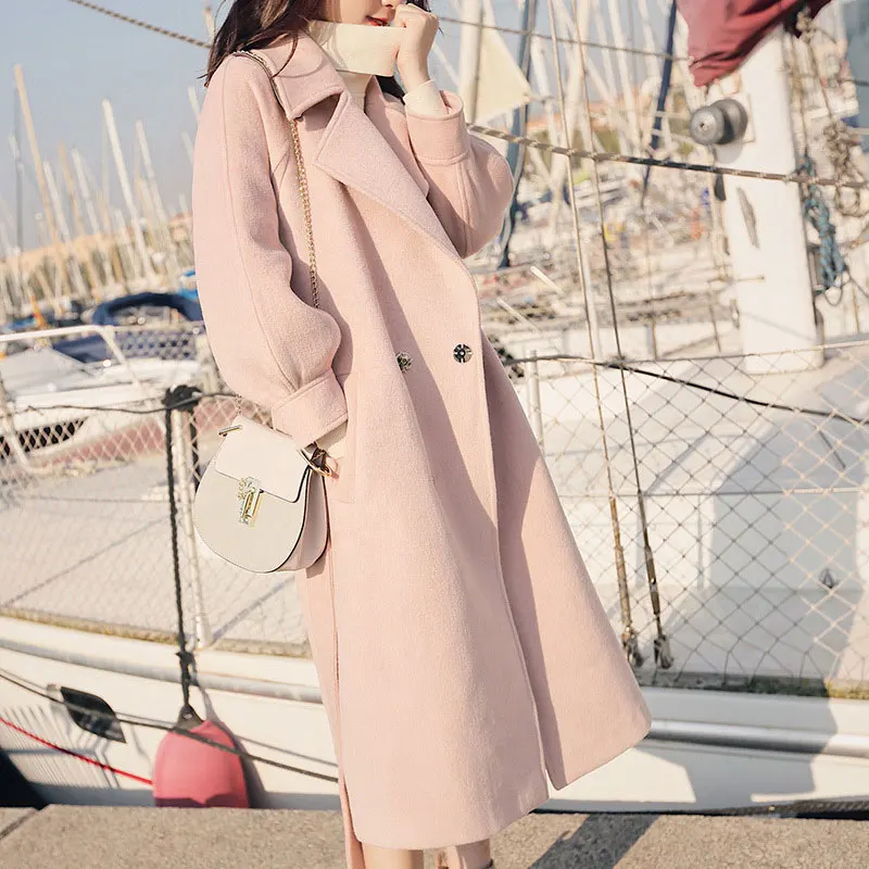 

New Wool Coat Women Autumn and Winter 2019 Casual Solid Color Lantern Sleeve Loose Long Wool Blends Outerwear Tops