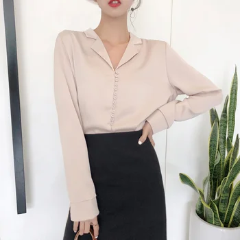 

Vintage Satin Slik Blouse Shirts for Women 2020 Autumn Elegant French Style Sexy V Neck Long Sleeve Blouse Champagne Green Tops
