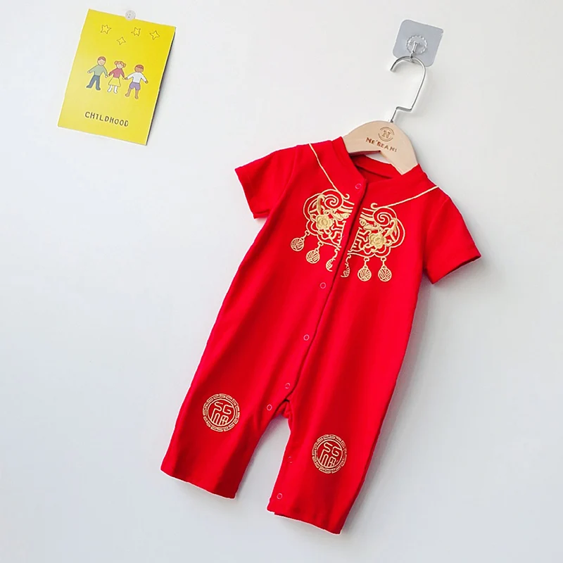1 предмет, для новорожденных мальчиков и девочек, весна-лето, китайский стиль, новогодний праздничный хлопковый комбинезон с длинными и короткими рукавами для малышей, одежда