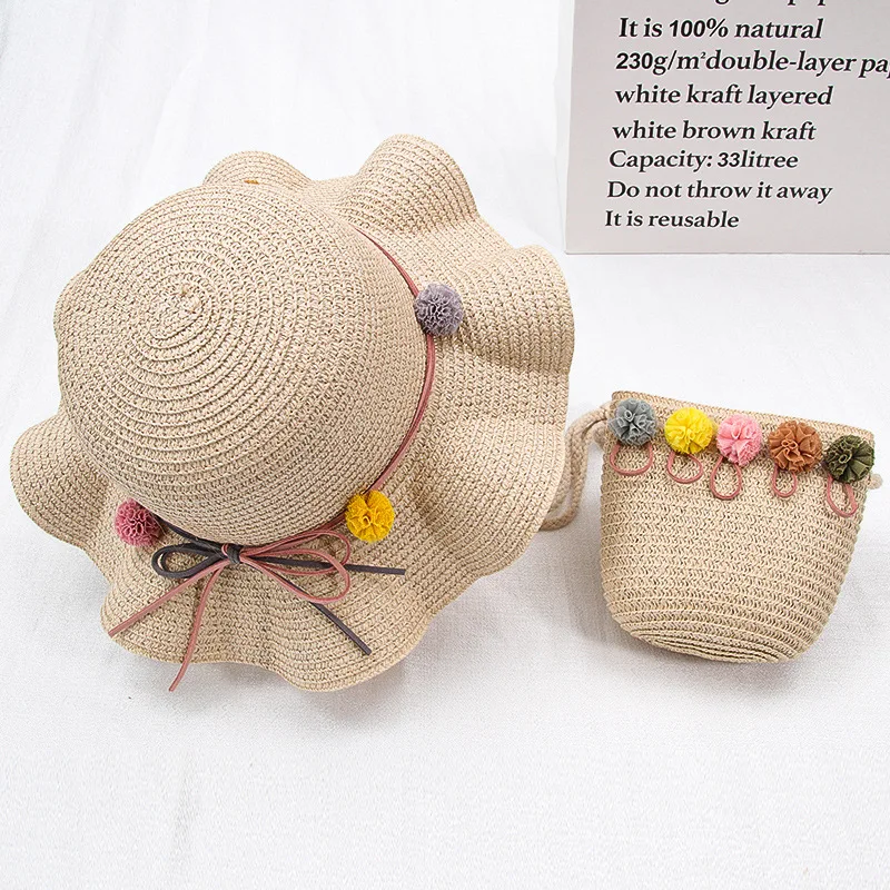 Girl kids Straw Hat Handbag Sets Child baby Outdoor travel holiday beach floppy hat bags set flower sun hat,sun protection hat