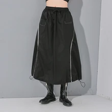 Черная юбка с высокой эластичной талией, с разрезом, на завязках, темпераментная юбка, женская мода, новинка, весна-осень