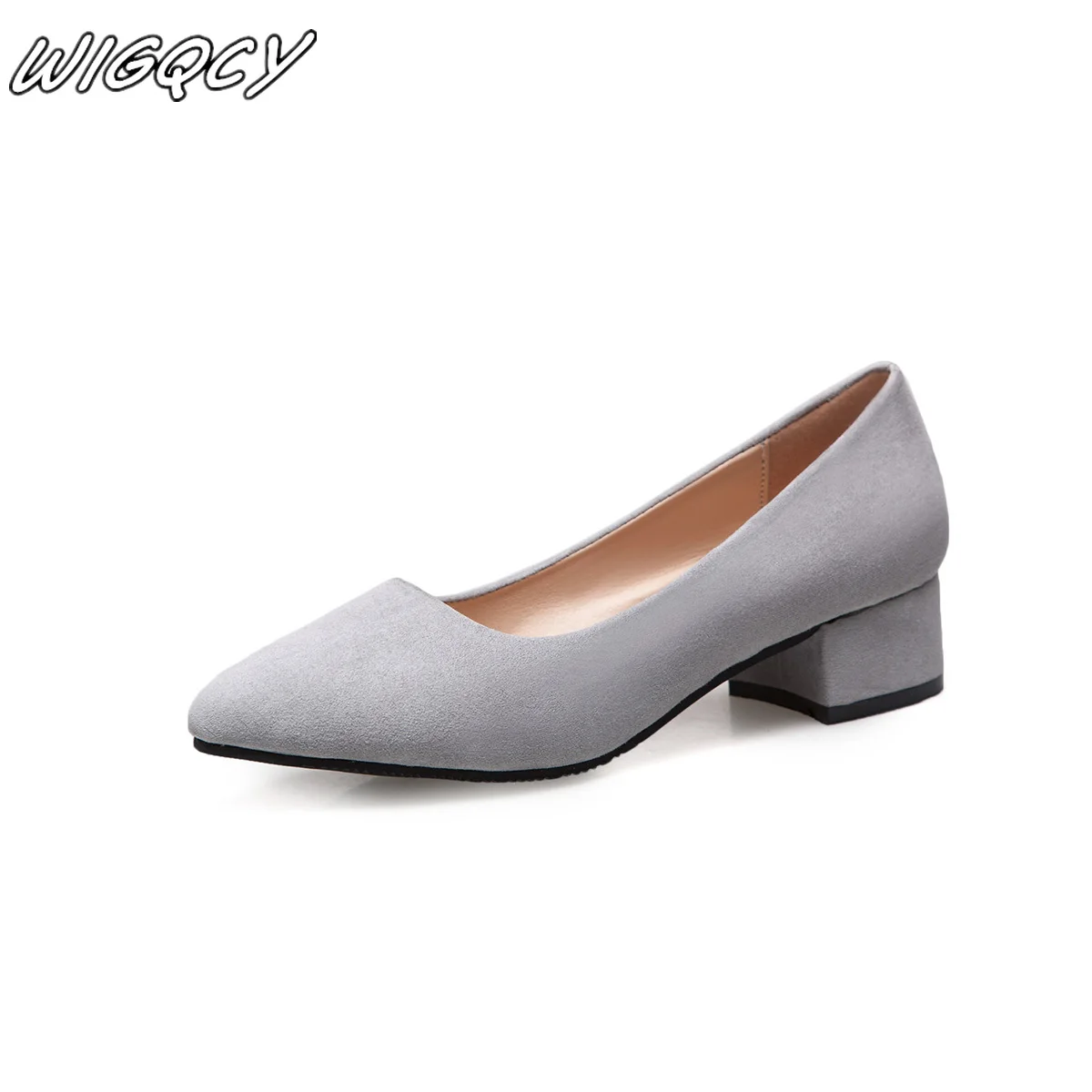 

2019 young women Korean version of the thick with high heels solid color shallow mouth pointed high heels set foot suede shoes