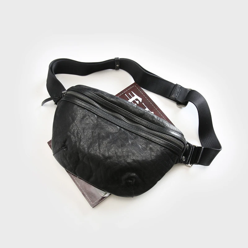Сумка-пояс из натуральной кожи, Мужская Роскошная брендовая винтажная сумка из воловьей кожи, многофункциональный, туристический сумка через плечо, нагрудные сумки для мужчин - Цвет: Black