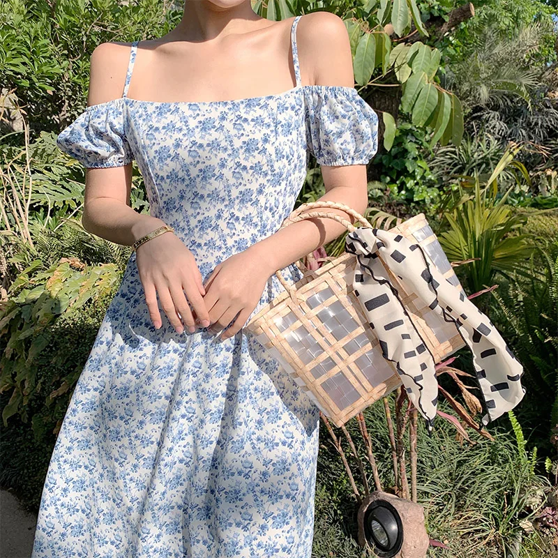 

Women Long Floral Slip Dress Summer 2022 Runway Retro Elegant Boho Vintage Korean Fairy Casual Beach Vacation Party Night Dress