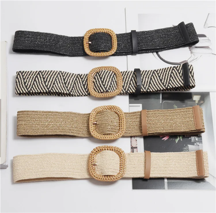 

Braided Belt with Wooden Buckle Ladies Casual Solid Luxury Fashion 2019 Dress Summer High Quality Woven Women straw Belt Wood