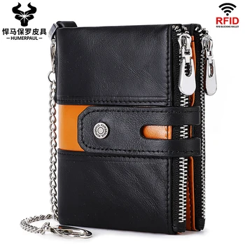 

ZZSLHL 2020 New 100% Genuine Leather Men Wallet Double Zipper Coin Purse Small Mini Card Holder Portomonee Male Walet Pocke