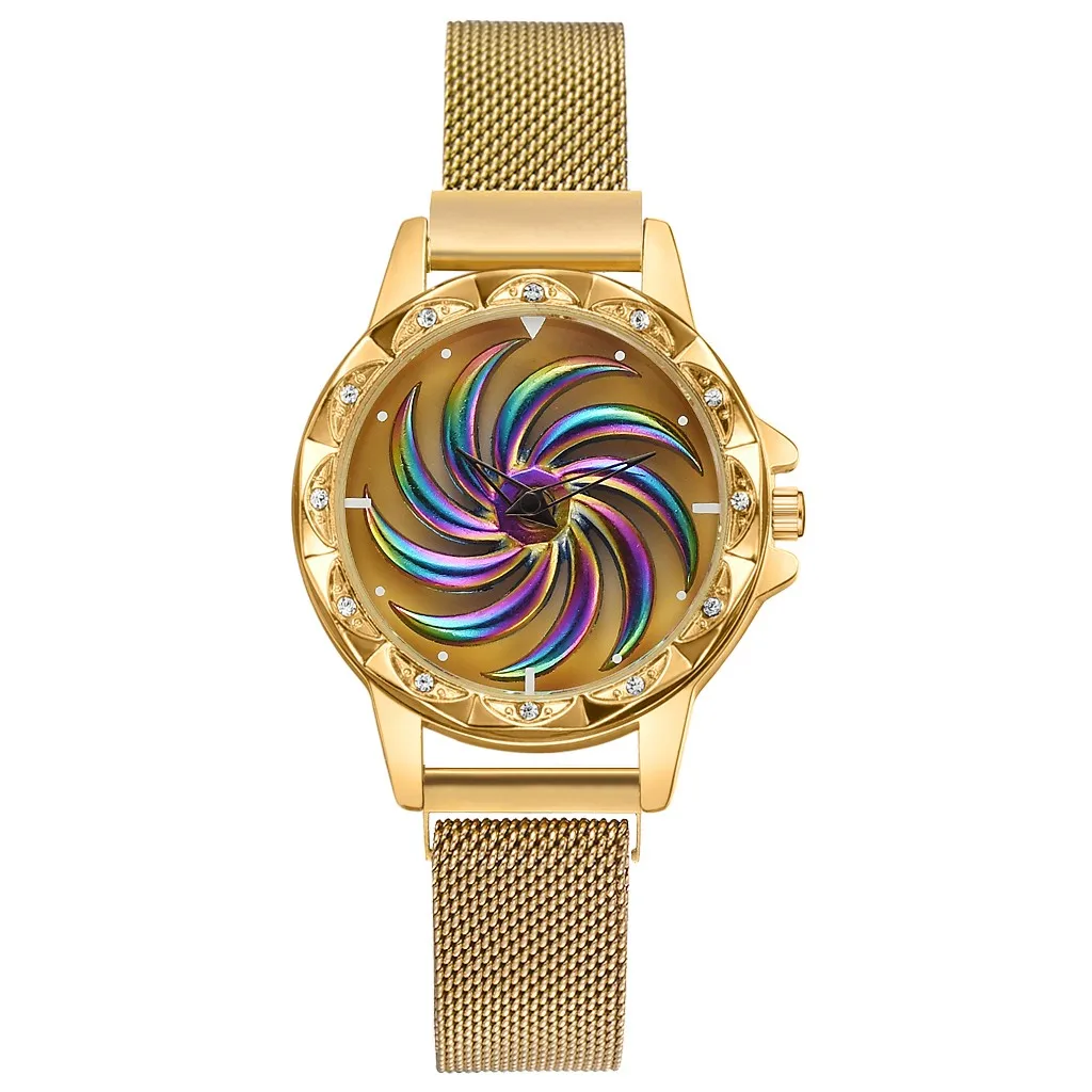 Новая мода вращающийся крутой цветной узор циферблат часы вращающийся цветок поверхность сетчатый ремешок часы ювелирные изделия с бриллиантами для женщин часы 1