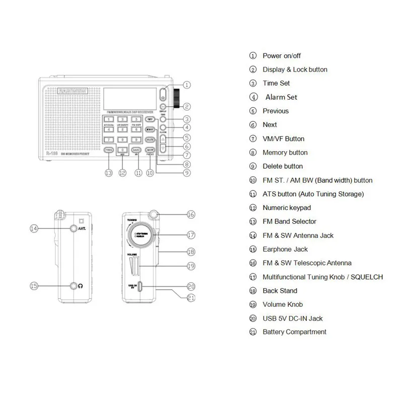 Função de Alarme de Som de Alta Qualidade para Exterior Dsp com Lcd Radiwow Rádio Portátil Digital Estéreo fm - lw sw mw ar Interno R-108 - Image 6