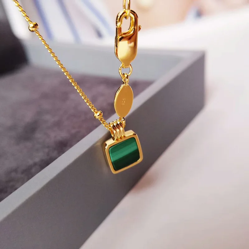 

S925 Fine Silver Gold Plated Natural Malachite Pendant Europe And America Light Luxury INS Celebrity Style Retro Antique Style S