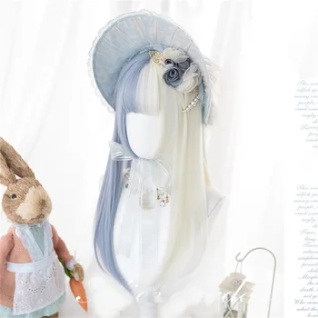 

Cosplaysalon Lolita 58CM Long Wavy Blue Mixed White Bob Ombre Bangs Cute Party Synthetic Cosplay Wig 3 Styles