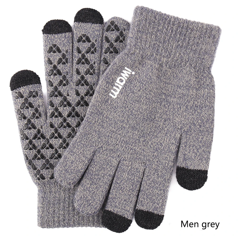 Men Grey Вязаные перчатки с сенсорным экраном, зима-осень, для мужчин и женщин, утолщенная шерсть, кашемир, варежки, для улицы, противоскользящие, теплые перчатки дл пар - Цвет: Men Grey