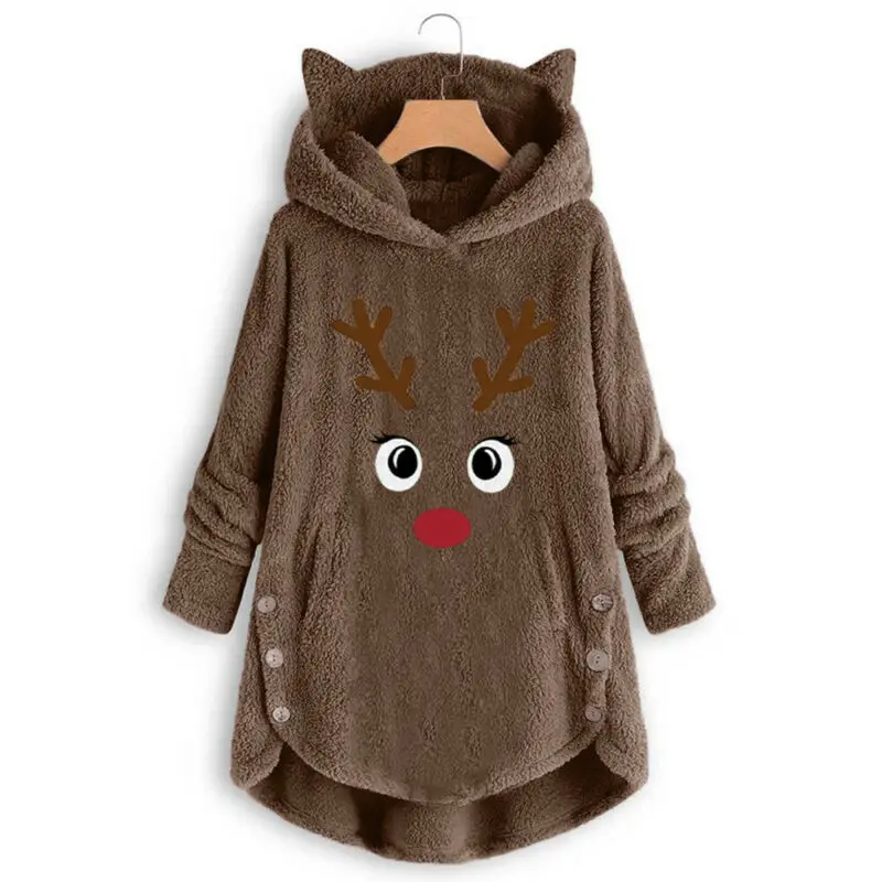 Зимние женские угги, с рисунком рождественского оленя, одежда для сна пижамы плюшевая одежда для сна с капюшоном пушистый свитер с мехом женские джемпер, Топ
