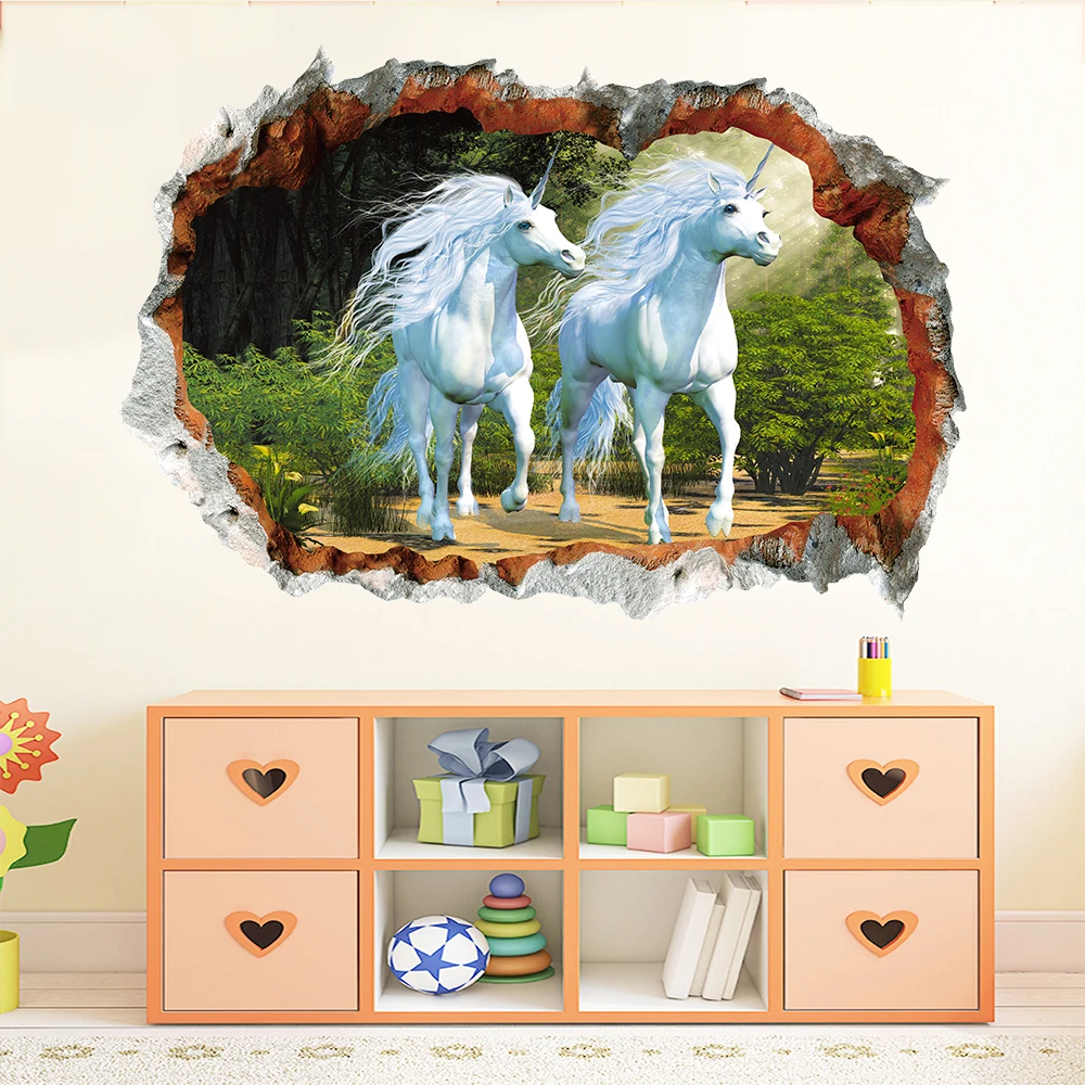 Магический Единорог, лошадь, птицы, наклейки на стену, 3D, на стену, эффект разрыва, наклейки на стену, обои для детей, для спальни, наклейка, плакат, фрески