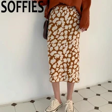 Зимние женские длинные вязаные юбки леопардовые вязаные прямые юбки с высокой талией Женская юбка