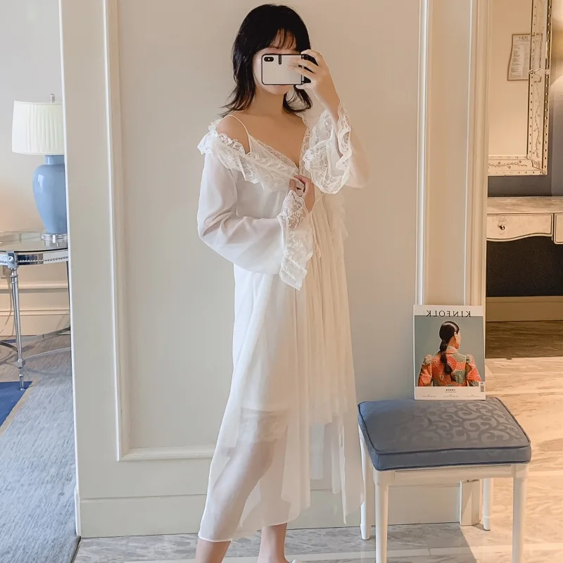 

White Cardigan Palace Wind Pajamas Sexy Sling Nightdress + Nightgown 2 Piece Set Ladies Pajamas Lace Ladies Home Wear