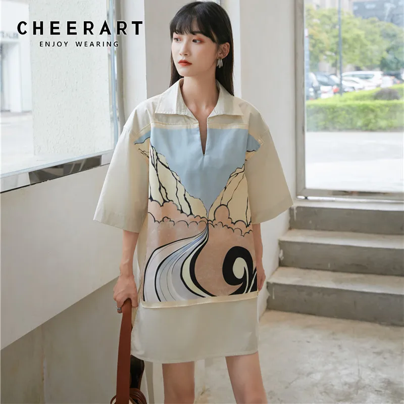 Платье CHEERART женское с воротником-рубашкой свободное дизайнерское желтое